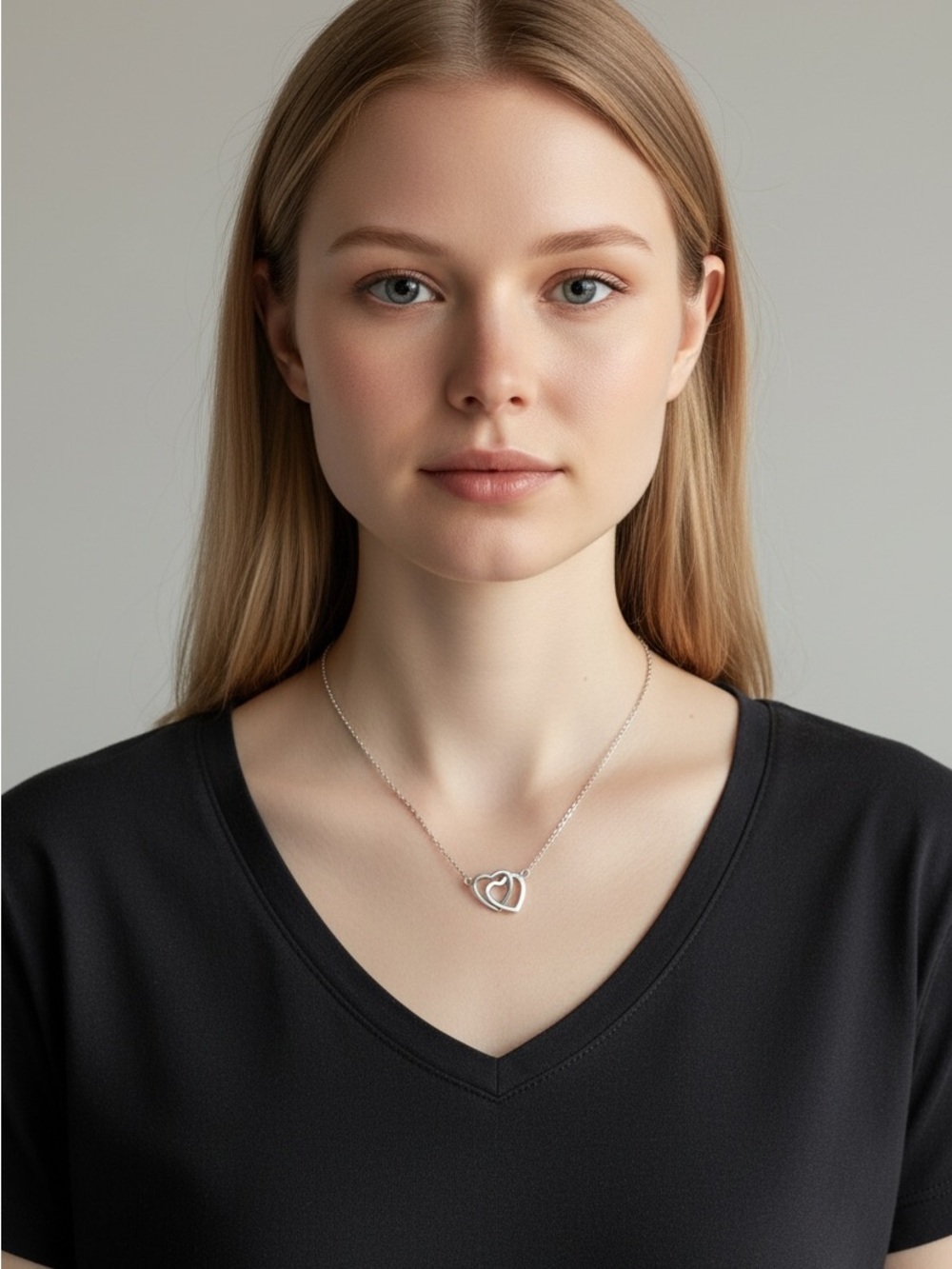 9/18 Sterling Silver Double Heart Pendant Necklace - Silver